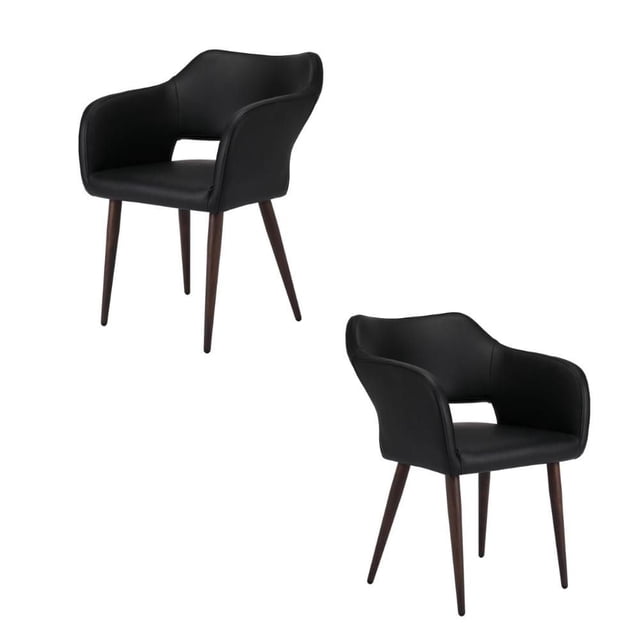 Plata Décor Import Inc Conference Chair (PU) in Black Set of 2 featuring two black dining chairs with smooth PU upholstery, curved armrests, and backrests, supported by tapered black walnut metal legs, ideal for kitchen seating or dining areas, also suitable for multifunctional home spaces.