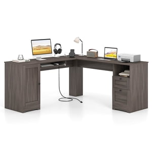 Costway L-Shaped Coin Ordinateur bureau écriture table étude poste de travail avec tiroirs Café