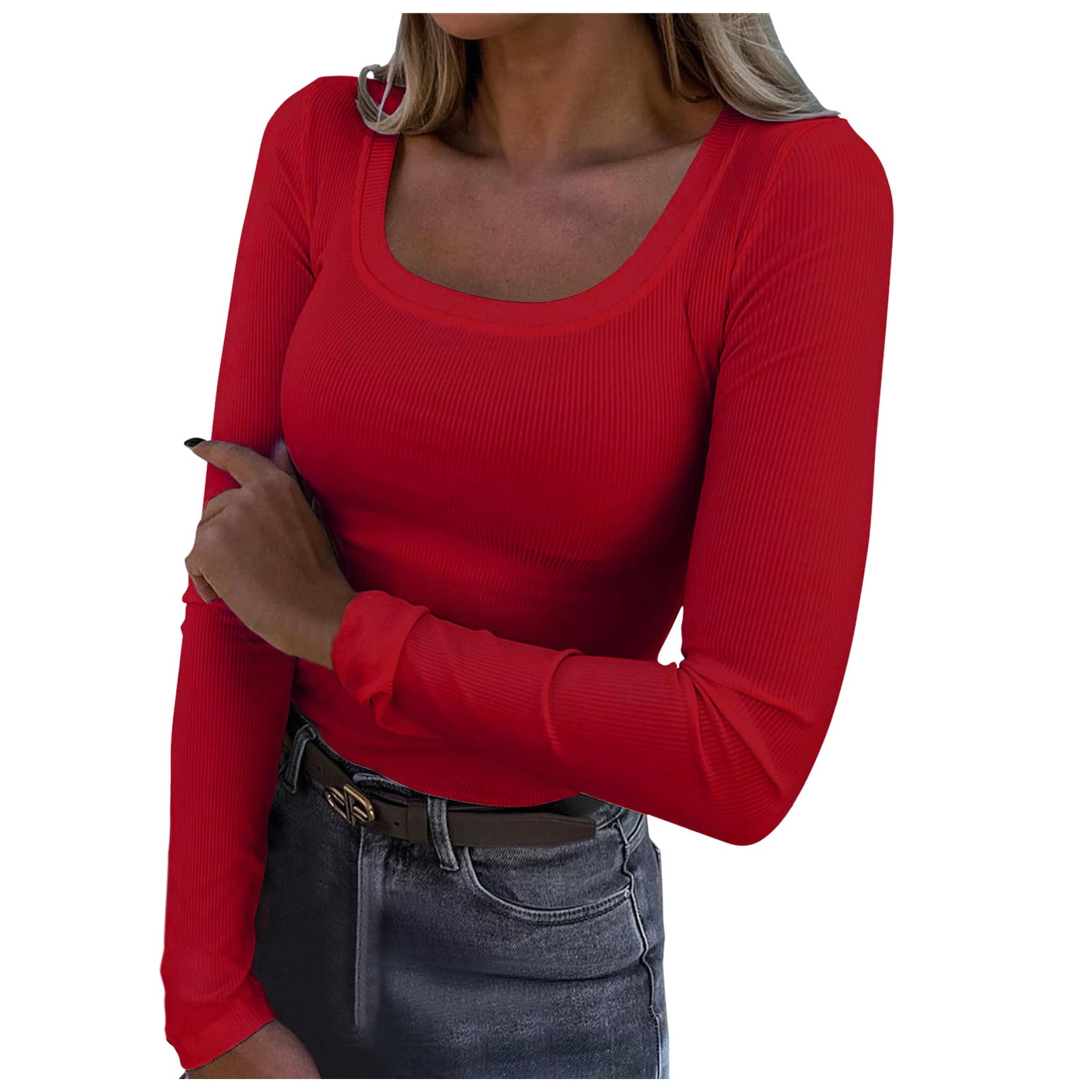 WEIYLL Hauts d'Été pour Femmes Col en U Dentelle Manches Longues Ample Uni Blouse Rouge Tailles m
