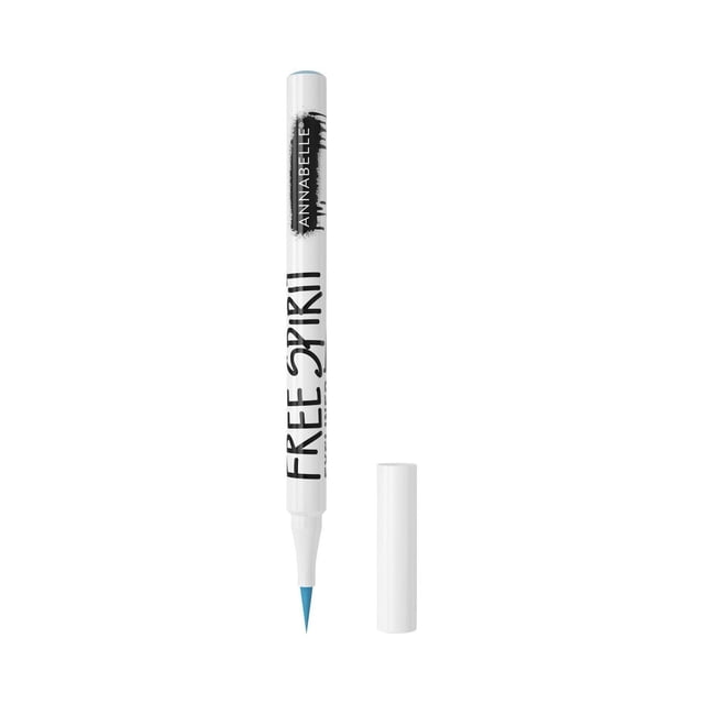 Annabelle Free Spirit Liquid Eyeliner with a white barrel and black text, featuring a blue flexible skinny felt tip for ultra-precise, long-lasting, smudgeproof application with a matte colourful finish, shown uncapped with the white cap beside it on a white background.