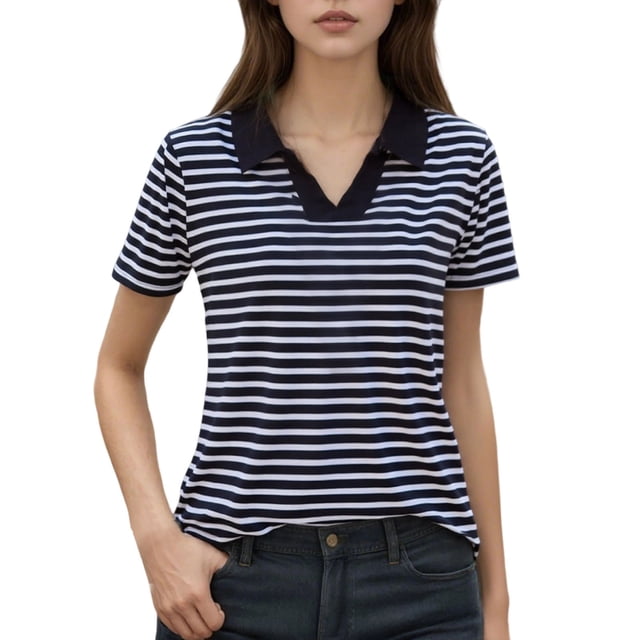 Fgnfyis T-Shirt à Manches Courtes Rayé pour Femme, Col Rond Décontracté, Haut pour Usage Quotidien Printemps Été Automne, Blouse Confortable avec Design de Col Classique, Hauts pour Femmes Décontractés Noir TTTG