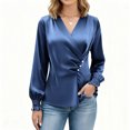 thumbnail image 2 of Women's V Neck Satin Blouse - Long Sleeve Pleated Ruffle Business Casual Dressy Work Tops, 2 of 7