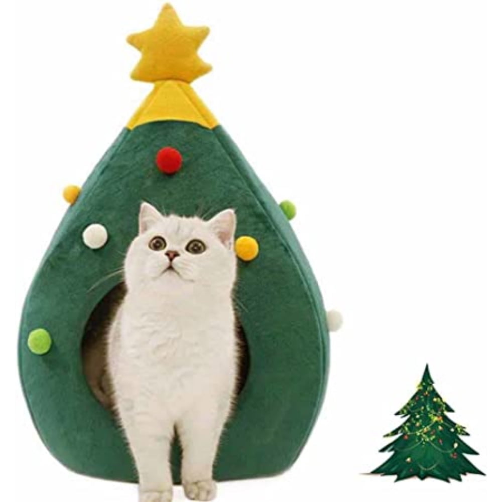 DEBGFS Christmas Tree Cat House - Cat Furniture Idea Cute Cat Cave Bed,Soft Kitty Cat Teepee House Christmas Warm Cat Bed for Winter,Cozy Cat Condo House for Pet Lovers