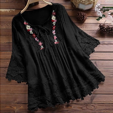 Femmes Blouse Vintage en Dentelle Patchwork avec Nœud, Col en V, Manches Trois Quarts, Haut T-Shirt Femme, Chemise Fine à Manches Longues, Chemise Unie, Chemises de Course à Manches Courtes pour Femmes, Hauts d'Entraînement pour Femmes, T-Shirt à Manches Courtes à Col en V, Graphique