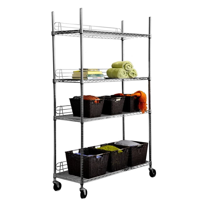 TRINITY EcoStorage™ 4-Tier Wire Shelving Rack in chrome with four adjustable wire shelves and backstands, mounted on swivel caster wheels. It holds green rolled towels, books, and dark woven baskets with folded textiles, ideal for garage storage and home organization.