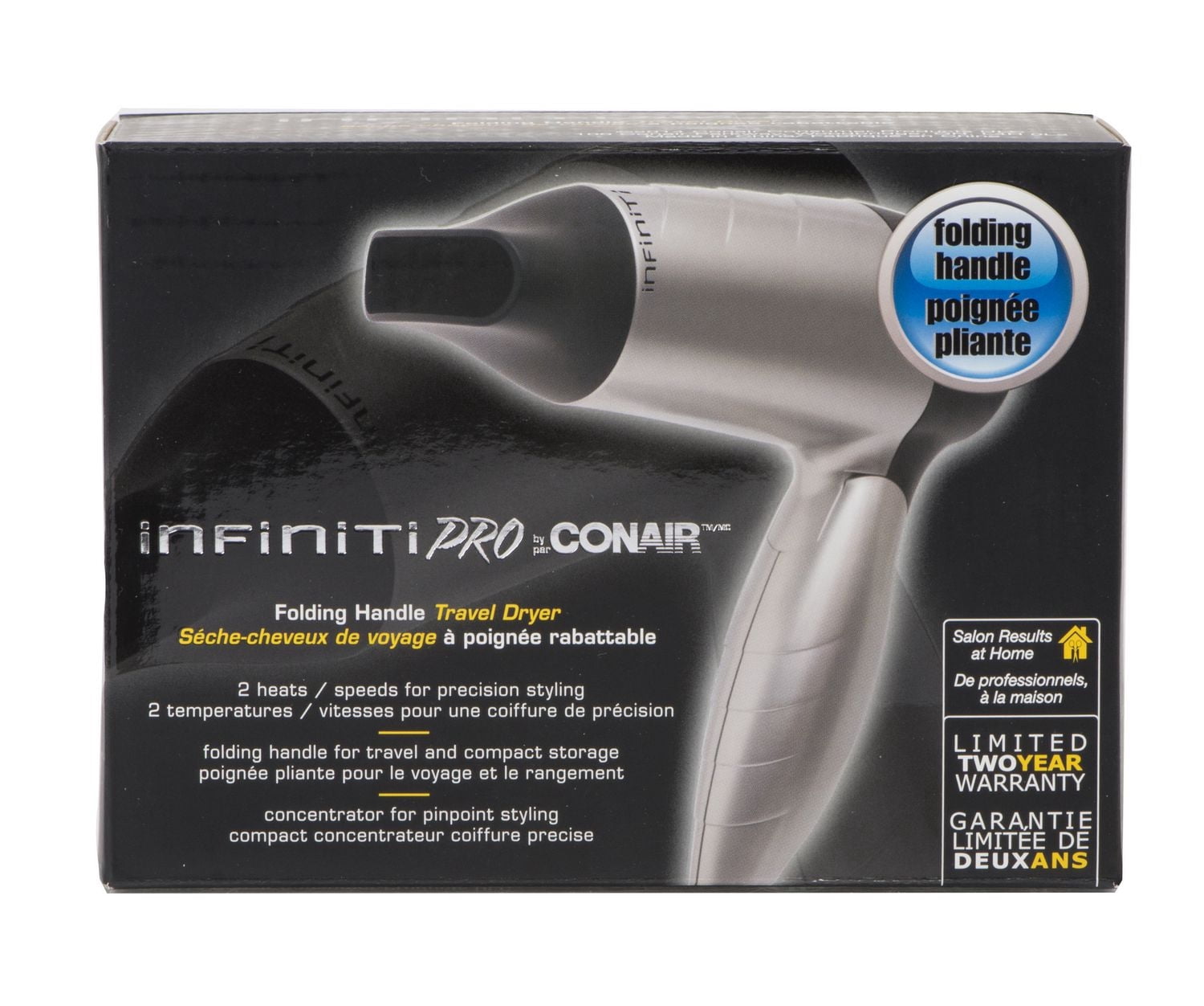 Séchoir de Voyage Pliable InfinitiPRO par Conair, Poignée Repliable pour Rangement Compact, Argent/Noir, 1 Pk