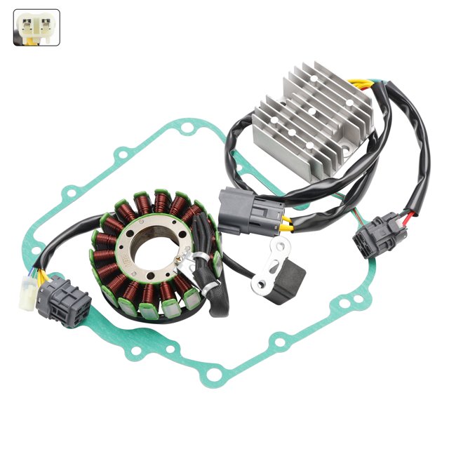 Régulateur de Stator Redresseur avec Joint pour Arctic Cat DVX 250 ATV 2006-2008. Comprend un Stator à Bobine Magnéto à 18 Pôles, un Régulateur de Tension à 6 Fils et un Joint de Carter. Conçu comme un Remplacement direct à Brancher pour les Modèles Arctic Cat DVX 250, avec des Fiches Mâle et Femelle pour une installation Facile. Accessoire d'ATV Idéal pour Remplacer des Composants Électriques Défectueux.