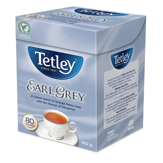 Tetley Earl Grey Tea box containing 80 tea bags, featuring a classic blend of Orange Pekoe teas with bergamot flavour. The light blue packaging shows a cup of brewed tea and includes bilingual brewing instructions in English and French, suitable for a traditional tea experience.