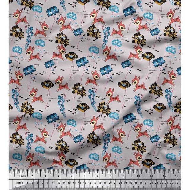 Soimoi Polyester Crepe Fabric Floral,Fish & Deer Cartoon Decor Fabric Printed Yard 52 Inch Wide