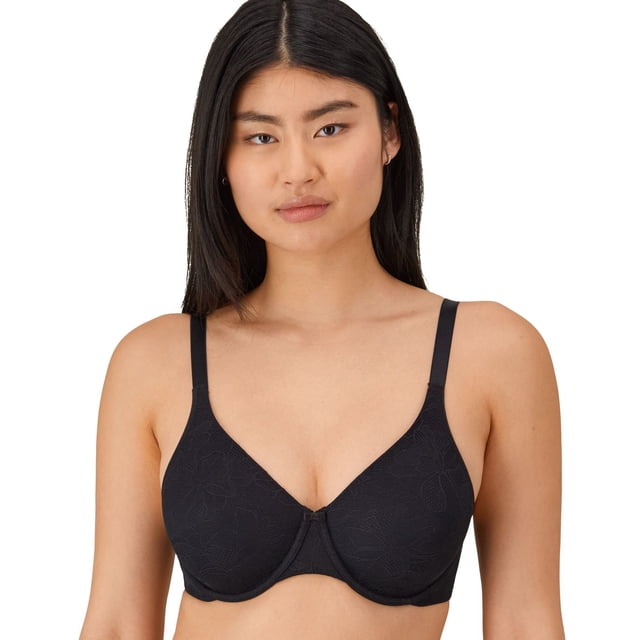WonderBra Plus Cooling Minimizer Underwire bra in black with molded cups featuring floral lace overlay, adjustable straps, and underwire support. Designed to minimize bust size up to 1 ½ inches and provide breathable comfort with soft mesh lining.