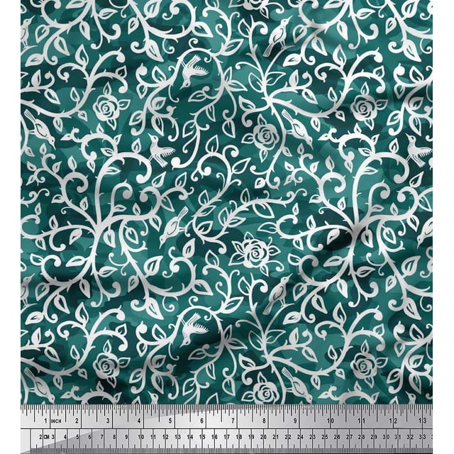Soimoi polyester Crepe Fabric Leaves,Bird & Rose Flower Fabric Prints By Yard 42 Inch Wide