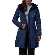 Nfurl Winter Long Coats for Women with Hood Warm Fleece Lined Long Sleeve Parka Quilted Jackets Casual Zip up Outerwear Ladies Winter Coat Navy XXXXXL