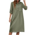 thumbnail image 2 of Meichang Robes T-Shirts pour Femmes Amples Décontractées en Coton et Lin Chemises Robes Unies Col à Revers Manches 3/4 Retroussées Robes Polo Fluides Robes Midi de Travail Vert Armée m, 2 of 6