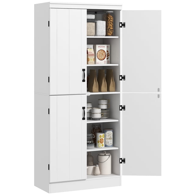HOMCOM Armoire de Rangement pour Garde-Manger de Cuisine, Garde-Manger à 6 Niveaux avec 4 Portes en Blanc. l'Armoire Présente Deux Compartiments à Double Porte avec six Tablettes pour un Rangement Organisé des Aliments, de la Vaisselle Ou d'Autres Articles. une Porte Est Ouverte, Révélant des Pots, des Boîtes et des Articles de Cuisine Bien Disposés. Fabriquée en MDF avec une surface en Mélamine, Elle Comprend des Tablettes Ajustables, des Poignées en Métal et des Fixations Murales Anti-Basculement pour la Sécurité. Dimensions : 29,9 Pouces de Large, 1
