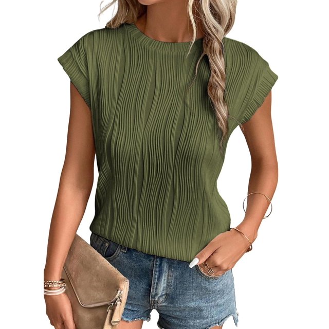 Womens Short Sleeve Textured Tops Crewneck Knit Solid Loose Casual Basic T Shirts Tee Blouses