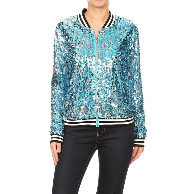 Veste à Fermeture Éclair devant à Paillettes à Manches Longues pour Femmes, Poignets Côtelés, Hauts d'Extérieur à Manches Longues
