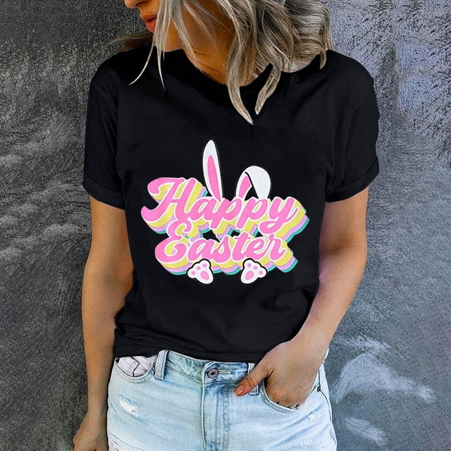 EGNMCR T-shirt de Pâques Chemises pour Femmes Imprimé de Pâques T-shirt à Col Rond pour Femmes Mode et Confortable Haut de Chemise pour Femmes Haut à Manches Courtes à Col Rond/chemise Femmes T-Shirts