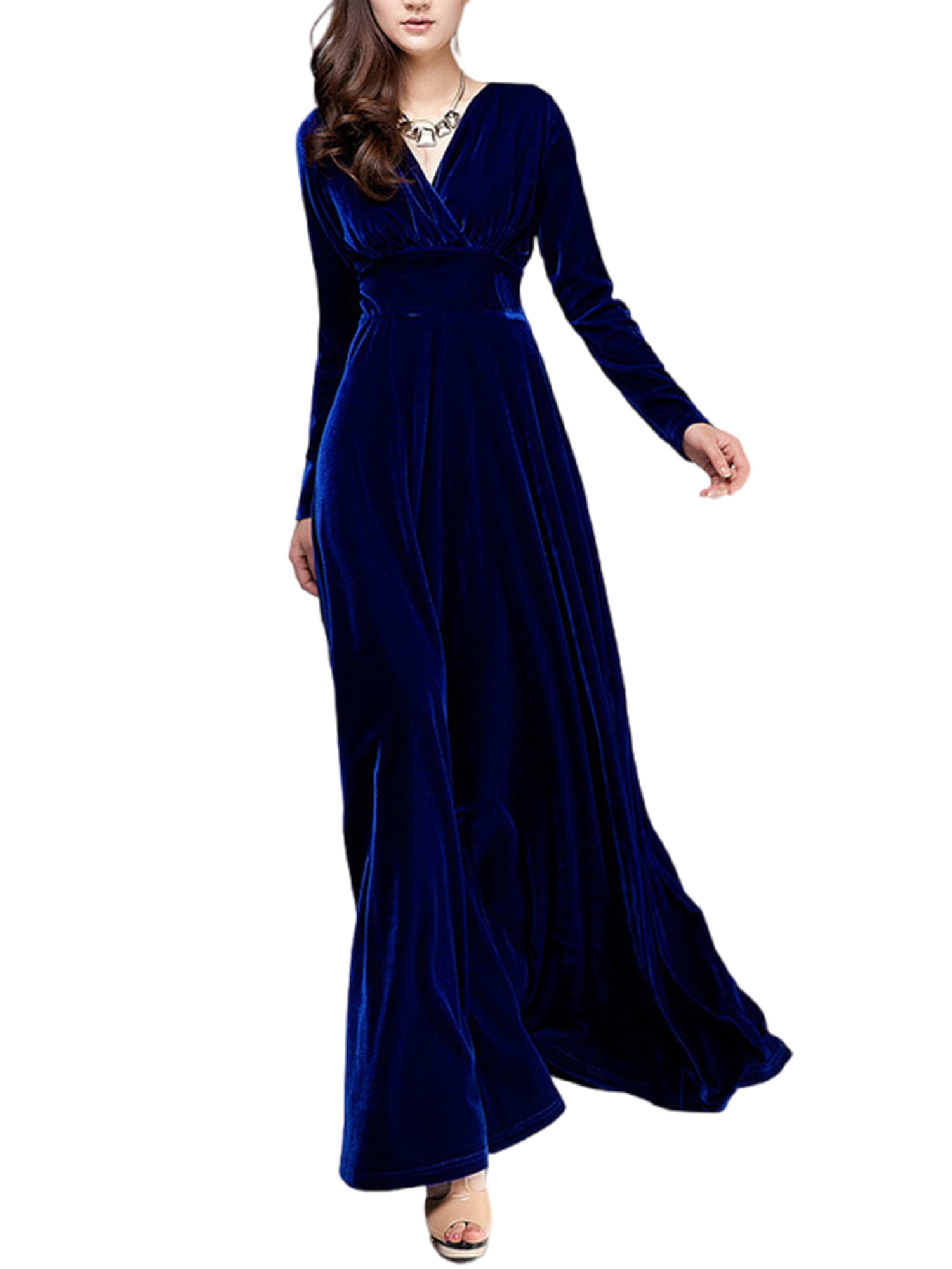 Innerwin Robe Ligne A Couleur Unie Femmes Robes Maxi Vacances Manches Longues Ample Bleu Foncé 2TG