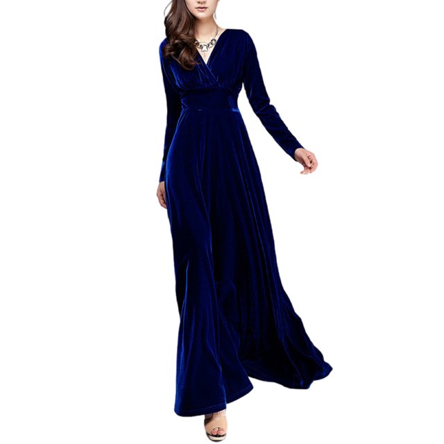 Innerwin Robe Ligne A Couleur Unie Femmes Robes Maxi Vacances Manches Longues Ample Bleu Foncé 3TG