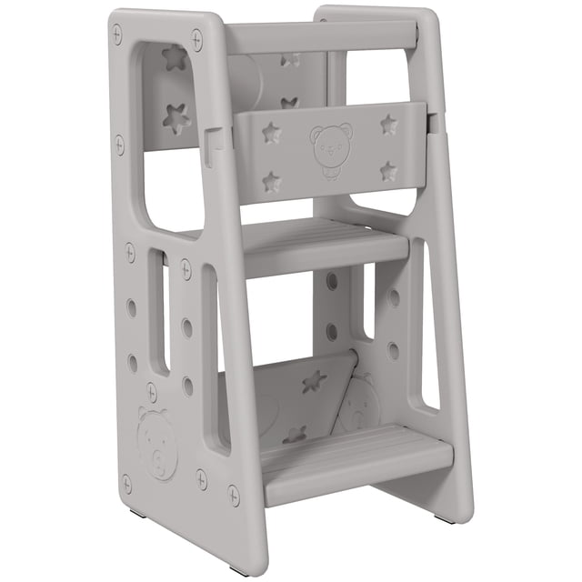 Qaba Marchepied d'Appoint pour Tout-Petit de Cuisine à 2 Marches avec Plateforme à Hauteur Réglable et Barre de Sécurité en Gris. Marchepied pour Tout-Petits en Matériau HDPE Non Toxique avec structure Trapézoïdale pour la Stabilité. Comprend des Tapis Antidérapants, Trois Hauteurs de Plateforme Ajustables et une Barre de Sécurité. Convient aux Enfants de 18 Mois à 5 Ans, avec une Capacité de Charge de 143 Lb. Idéal pour une Utilisation dans les Cuisines, les Salles de Bain et les Salles à Manger.