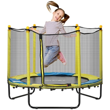 Qaba Trampoline pour Enfants, Trampoline Intérieur Extérieur avec Filet d'Enceinte, Jaune