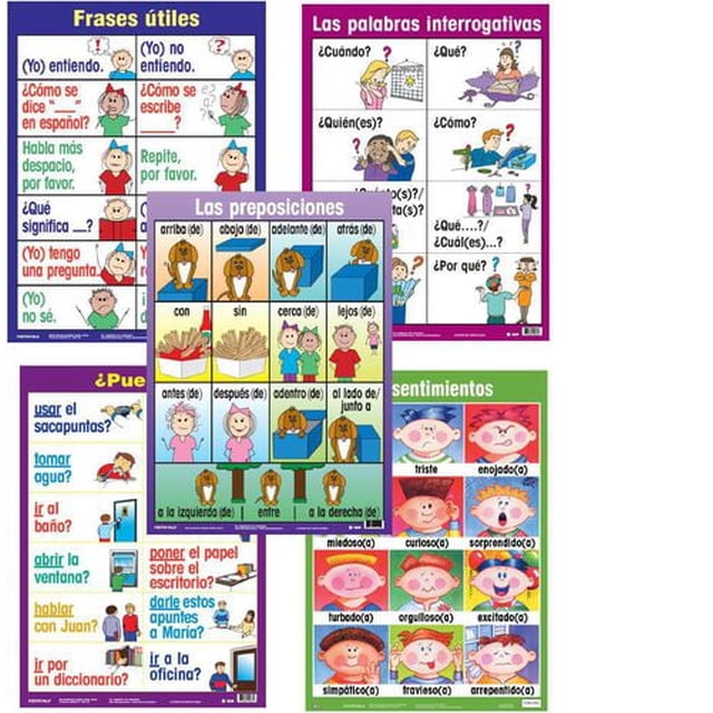 Poster Pals Affiches de Classe en Espagnol III Ensemble Comprend Cinq Affiches de 18 par 24 Pouces Présentant des phrases Espagnoles Utiles, des Mots Interrogatifs, des Prépositions avec des Exemples Illustrés, des questions Courantes pour la Classe et des Sentiments avec des Personnages de Dessin Animé. Convient à l'Art Mural en Classe pour Améliorer l'Apprentissage de la Langue Espagnole et le Vocabulaire.