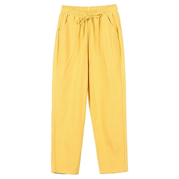 LUOGENLI Female Casual Pants Women Summer High Waisted Cotton Linen Palazzo Pants Wide Leg Long Pant Trousers with Pocket Womens Casual Pants Big and Tall Sizes Yellow M