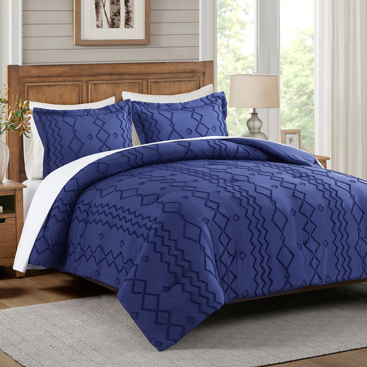 JML Ensemble de Literie 3 Pcs Grand, 1 Couette, 2 Taies d'Oreiller, Design Géométrique, Marine