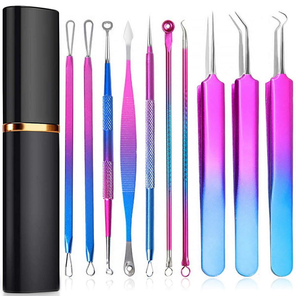 AMERTEER 10 Pcs Outil pour Enlever les Points Noirs Kit d'Outils pour Popper les Boutons Outil Extracteur de Points Noirs pour le Visage Outils d'Extraction en Acier Inoxydable (Coloré)