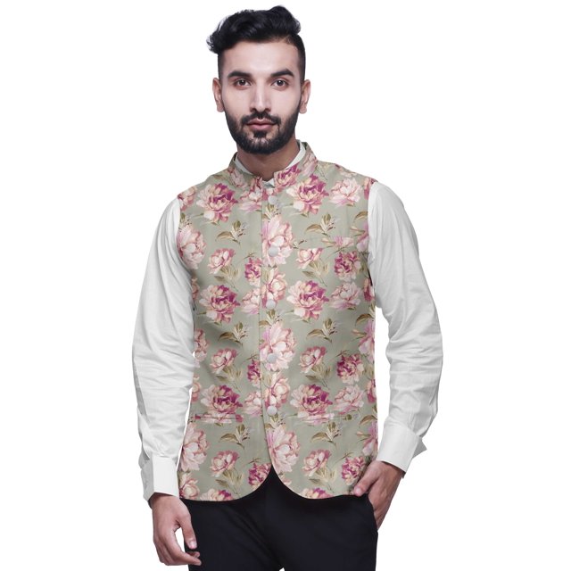 Atasi Floral Printed Wedding Jackets For Men Nehru Jacket Waist Coat For Festive Season-Medium