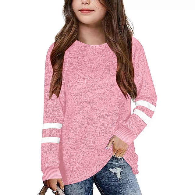 Chandail pour Filles Rose Chandail à Manches Longues T-Shirts à Col Rond Hauts d'Automne T-Shirts Coton Décontracté Chandail pour Enfants Filles 6-7 Ans Vêtements