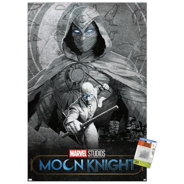 Marvel Moon Knight - Affiche Murale Teaser, 22,375 Po x 34 Po, Représentant une Oeuvre en Niveaux de Gris de Moon Knight avec des Yeux Lumineux et une Cape à Capuche, Tenant un Emblème en Croissant. une Figurine Plus Petite en Blanc Brandit Deux Bâtons devant un Paysage Urbain Sombre, avec le logo des Studios Marvel Moon Knight au Bas.