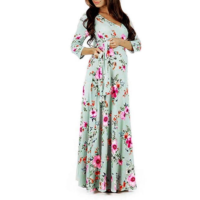 Maternity Wrap Dress Woman Print Wrap Dress Belt Multi-function Pregnant Dress
