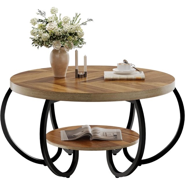 Table Basse Ronde, Table Basse à 2 Niveaux pour Salon, Tables Centrales d'Accent en Bois Circulaires avec Rangement Ouvert Design Industriel