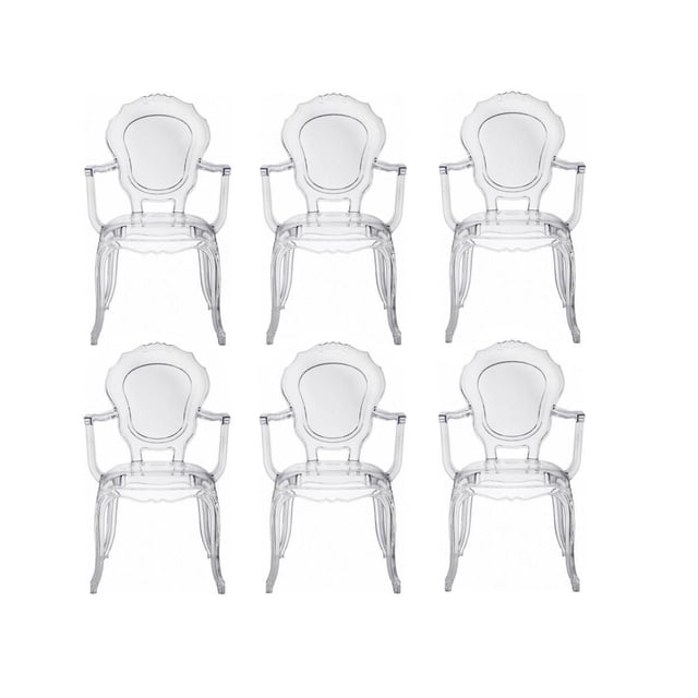 Heavenly Collection Clear Plastic Arm Chair Set of 6 for Dining Area, six transparent polycarbonate chairs with armrests and decorative curved backs, stackable and durable for kitchen and dining seating, easy to clean and weather resistant, also suitable for commercial use.
