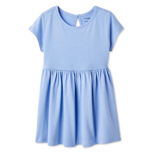 George Robe à Manches Courtes pour Tout-Petites Filles en Tricot jersey 100 % Coton Bleu Pâle avec Col Ras du Cou, Taille Froncée et Fermeture à Boutons à l'Arrière avec Goutte pour un Enfilage Facile et un Confort Toute la Journée.