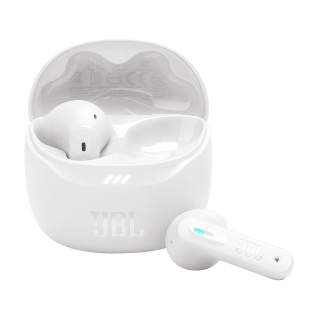 JBL TUNE FLEX 2 True Wireless Noise Cancelling Earbuds in white with one earbud outside the open charging case, showing ergonomic design, JBL logo on earbuds and case, and LED battery indicator on the case front, suitable for immersive audio and hands-free calls.
