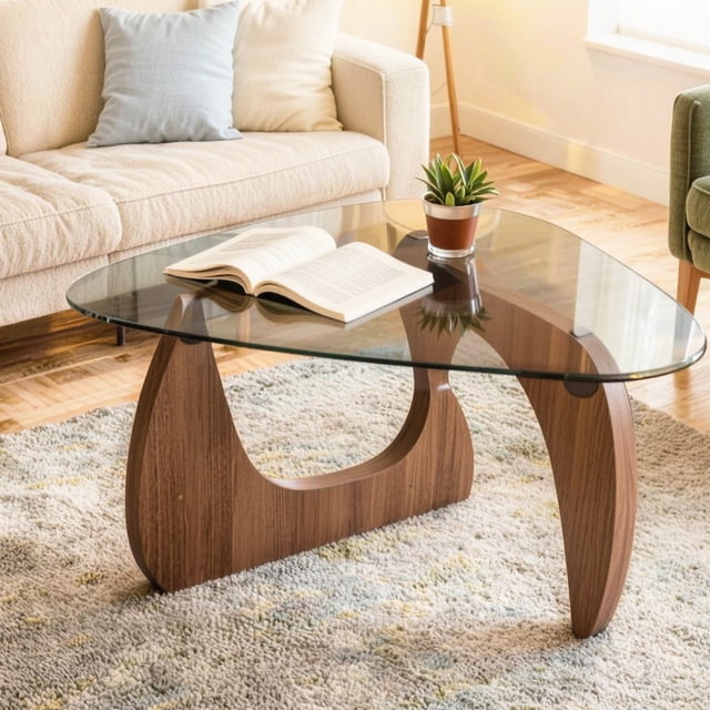 ClinQ 31.5" Coffee Table for Living Room, Mid Century Modern Center Table with Clear Glass Top and Walnut Wood Base, Transparent/Walnut