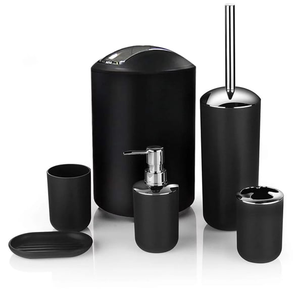 Ensemble d'Accessoires de Salle de Bain 6 Pcs Cadeau de Luxe Poubelle, Distributeur de Lotion, Porte-Brosse à Dents, Brosse Toliet avec Support, Gobelet, Porte-Savon pour Maison Hôtel Salle de Bain Noir