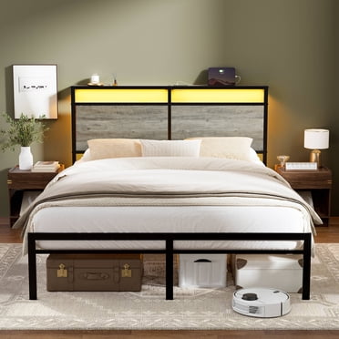 GUNAITO Queen Size Bed Frame with Wooden Headboard Metal Platform Bed with LED Lights and Charging Station Grey