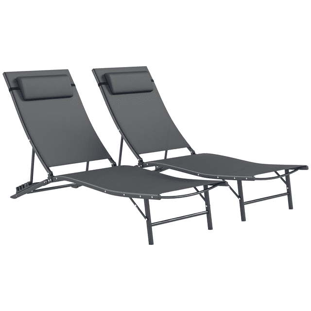 Outsunny chaise Longue d'Extérieur, Ensemble de 2 en Gris, avec Chaises Longues Pliantes et Ajustables, Dossiers Réglables à 4 Niveaux jusqu'à 150 %. Fabriquées en Tissu Maillé Respirant et Appuie-Têtes Amovibles pour un Confort Accru. les Chaises Ont un Cadre en Acier Enduit de Poudre pour la Durabilité et Sont Pliables pour un Rangement Facile. Convient pour une Utilisation dans les Cours Arrière, au Bord de la Piscine, sur les Plages Ou dans d'Autres Espaces Extérieurs.