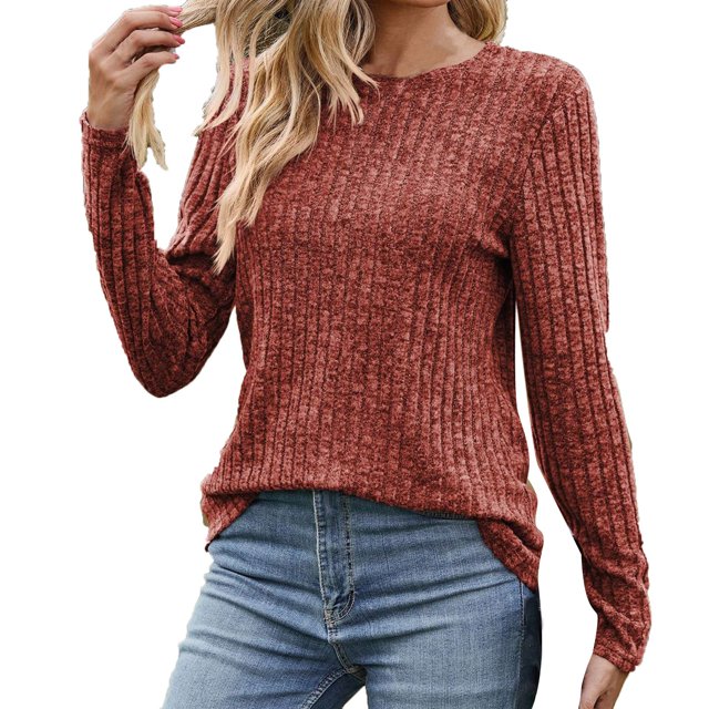 PEZHADA Chandails pour Femmes en Liquidation, Chandails à Enfiler pour Femmes Col Rond Rayé Mat Chandail Uni T-shirt à Manches Longues Chandails Haut Rouge