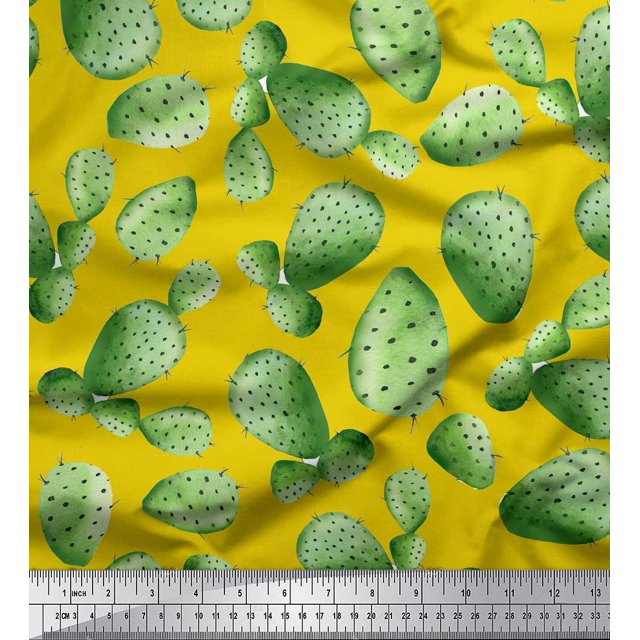 Soimoi Yellow Silk Fabric Cactus Tree Fabric Prints By Yard 42 Inch Wide