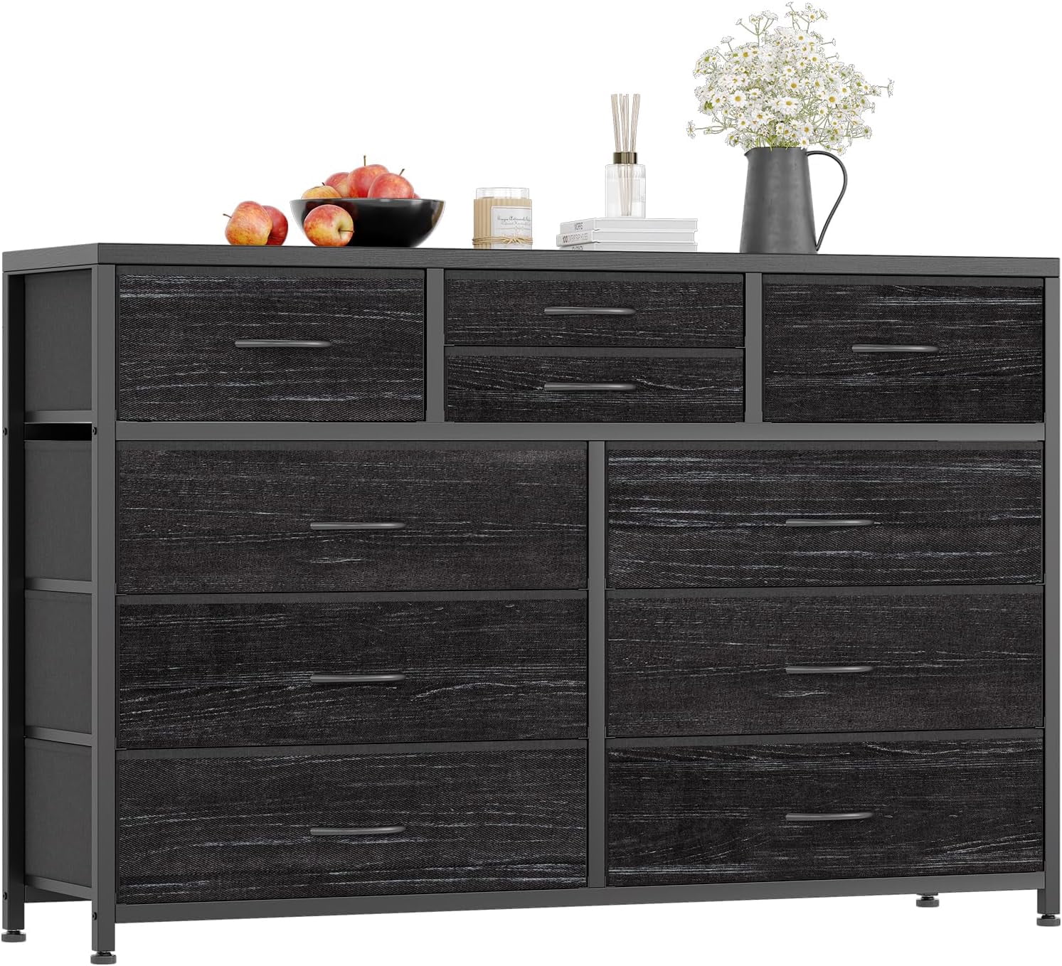 Chest of Drawers, Fabric Dresser with 10 Drawers, Sturdy Metal Frame Storage Organizer with Fabric Bins, Closet, Wood Tabletop Dresser for Guest Room, Entryway, Living Room