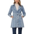 thumbnail image 1 of INSPIRE CHIC Veste en Denim Longue pour Femme à Revers Cranté, Manches Longues, Boutonnée, Ceinturée, S Bleu Gris, 1 of 6