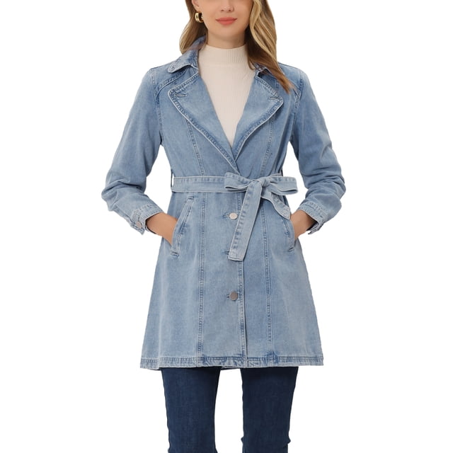 INSPIRE CHIC Veste en Denim Longue pour Femme à Revers Cranté, Manches Longues, Boutonnée, Ceinturée, S Bleu Gris