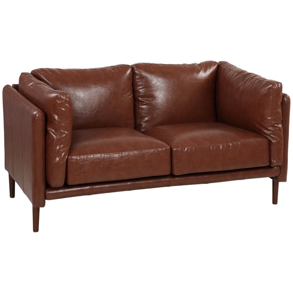 HOMCOM 59" Loveseat Sofa, PU Leather 2 Seater Sofa with Wide Seat, Brown