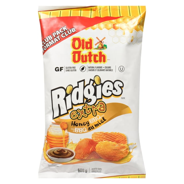 Old Dutch Ridges Extra Honey BBQ Potato Chips bag featuring ridged, golden potato chips with sweet honey and smoky BBQ flavour, gluten free and made with natural flavours and colours, 600 g pack, often enjoyed as a savoury snack.