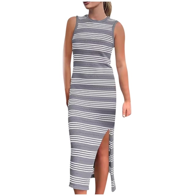 Pisexur Robes pour Femmes Mode Tricot Coton Lin Robes Respirantes Sans Manches Col Rond Robe Maxi Vintage à Rayures Fendue Robes Débardeur Été Décontracté Ajusté Élégant Robe Longue