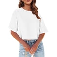 thumbnail image 3 of BVOFAR T-Shirts Décontractés à Manches Mi-Longues pour Femmes Épaules Tombantes Col Rond Crop Tops Été Couleur Unie Tees 2025, 3 of 7